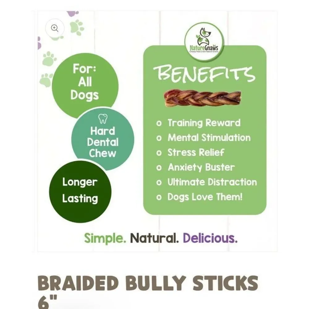 (2) Nature Gnaws Beef Bully Sticks 6” Beef Dog Treats- 3 Count Each Bag 11/2025.